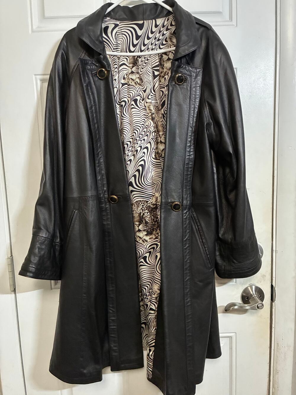 Vintage Mary Albert Italy Genuine Leather Swing Coat Pleated Cape Back Sz 46 XL